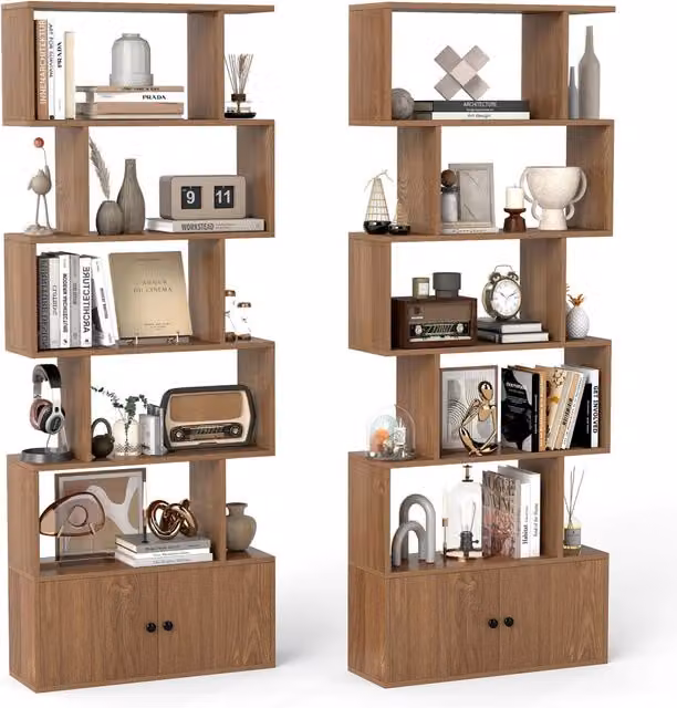 Libreria decorativa a forma di S con 5 livelli e ante in legno, scaffale moderno geometrico per soggiorno, camera da letto o ufficio, colore marrone, H: 183 cm, L: 70 cm, P: 23 cm