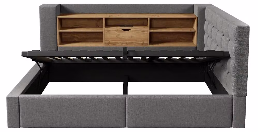 Struttura del letto imbottita - Letto contenitore con illuminazione LED - Spazio contenitore con sistema idraulico - Testiera a forma di L - Montaggio possibile su entrambi i lati - Dimensioni: 140 x 200 cm - Senza materasso - Colore: grigio