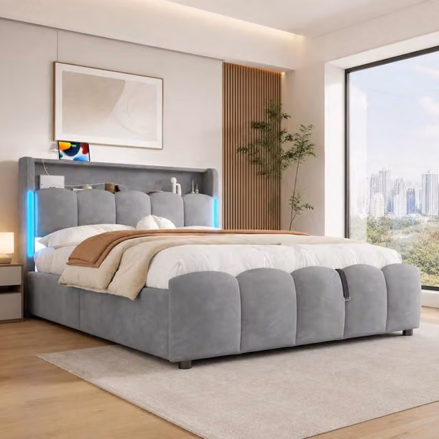 Letto imbottito 140 x 200 cm con illuminazione LED, contenitore idraulico, testiera con vano portaoggetti, USB e Tipo-C, velluto grigio