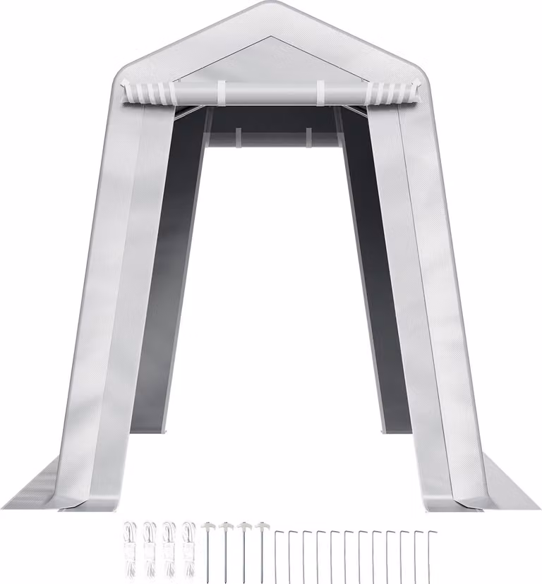 SucceBuy capanno per attrezzi 183x243,8x213 cm, tenda da garage in PE, capanno per giardino, garage per biciclette, tettoia, garage per moto, tosaerba e biciclette, grigio