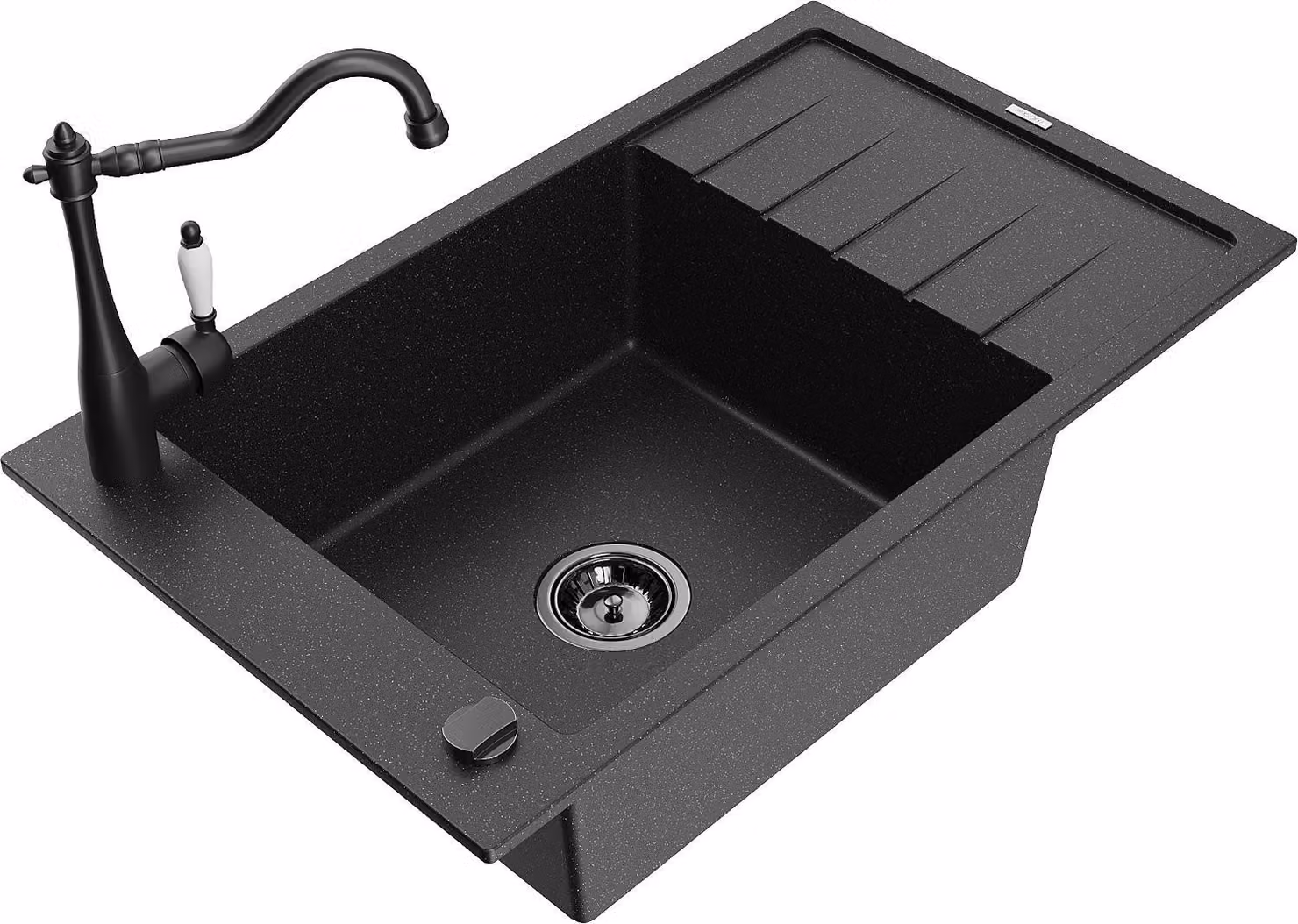 Mexen Elias lavello in granito a 1 vasca con scolapiatti e rubinetto da cucina Carla, nero/argento metallizzato