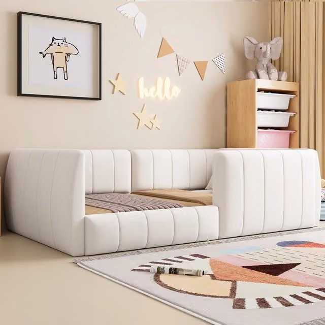 Letto Imbottito con Ringhiera di Sicurezza ¨C Minimal ¨C Beige 90x200 cm