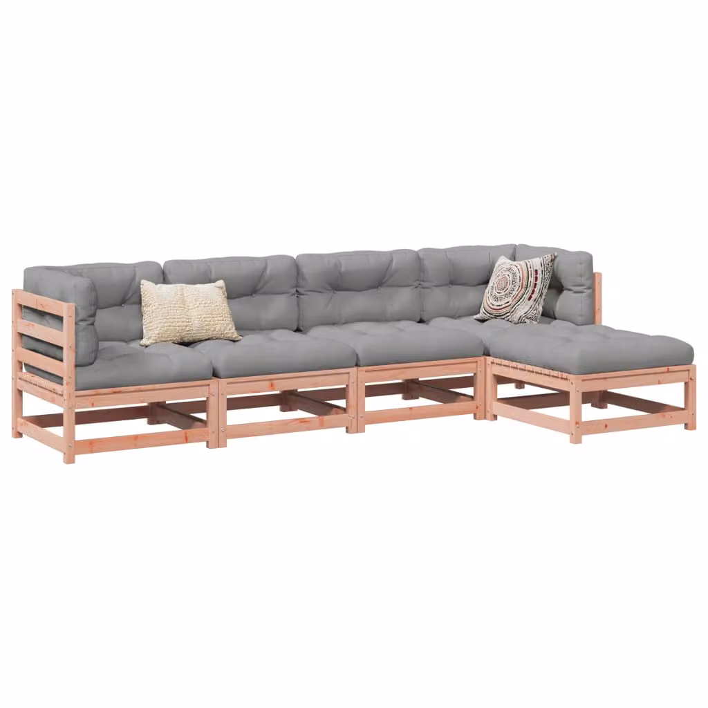 Set di Divani da Giardino vidaXL 5 pz in Legno Massello con Cuscini, Composizione a L con Pouf, Colore Marrone e Grigio – 1