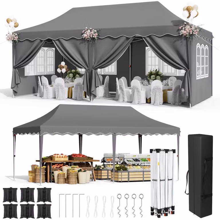 Gazebo da esterno 3x6 metri, grigio, impermeabile, con protezione UV 50+ e dotato di 6 pareti laterali