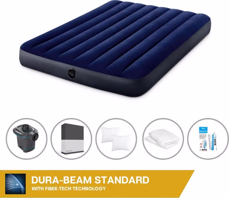 Letto gonfiabile Intex - 2 persone - 137 x 191 x 25 cm - Blu + pompa elettrica Intex - 650 litri/min + lenzuolo nero + cuscino + federe Molton 2 in 1 + set di riparazione