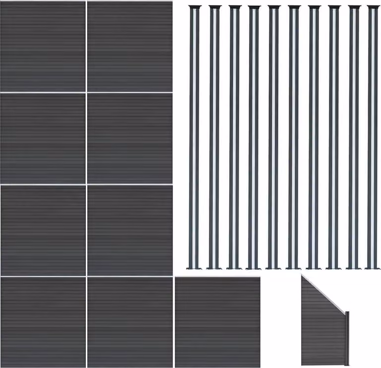 Pannello divisorio in legno composito (WPC), quantità: 9; elemento d'angolo, quantità: 1; palo per recinzione con illuminazione a LED, quantità: 10 - Colore: grigio