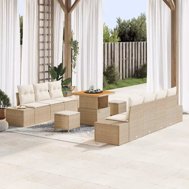 Set Divano da Giardino vidaXL 10 Pezzi Beige con Cuscini e Tavolino in Polyrattan e Acciaio