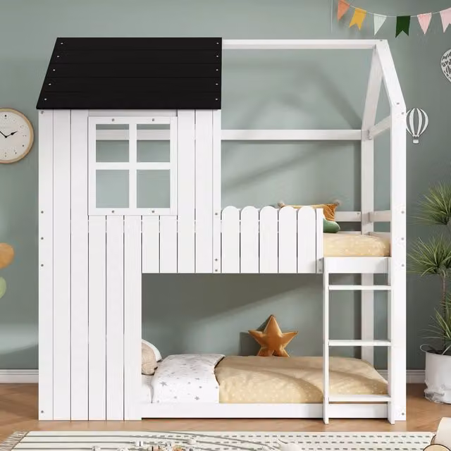 Letto a soppalco per bambini MIVRAY con struttura a casetta e scala a tre gradini, bianco e nero, L/P/H: 205 x 90 x 221 cm