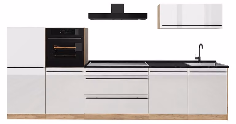 Cucina componibile Vicco R-Line Bianco lucido/Rovere dorato 340 cm piano di lavoro Antracite, Model 66537