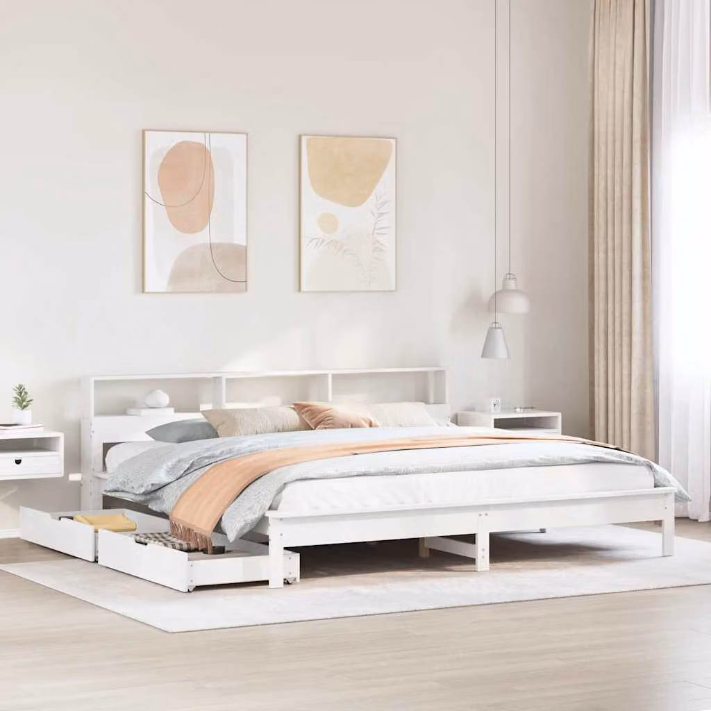 vidaXL Letto con Libreria e Cassetti in Legno di Pino Bianco Rustico L/P/H: 200 x 200 x 220,5 cm