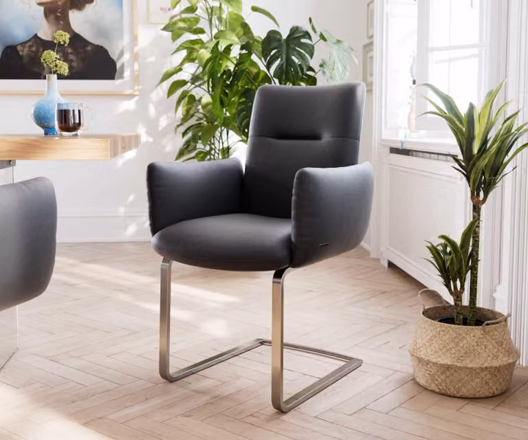 DELIFE Sedia girevole Jova-Flex con braccioli, in vera pelle nera. Sedia girevole dal design minimalista, con base in acciaio inossidabile e imbottitura in molle insacchettate
