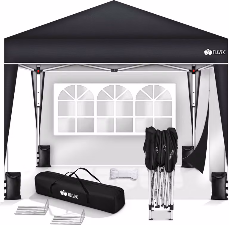 gazebo tillvex 3x3m nero - con 2 pannelli laterali impermeabili | gazebo pieghevole pop-up regolabile in altezza | tenda da giardino protezione UV 50+ | tenda da festa con borsa per giardino