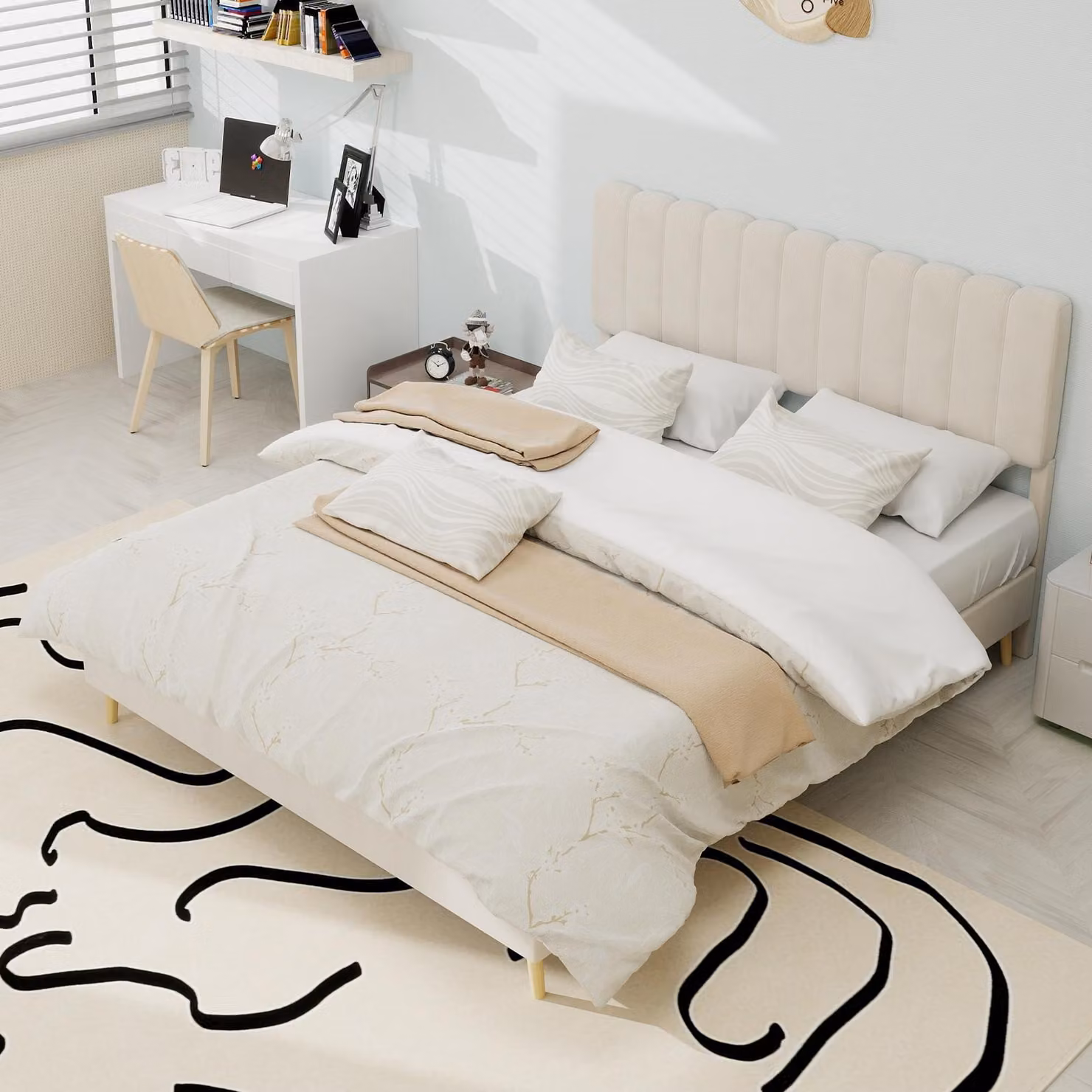 letto imbottito okwish 140x200 struttura letto per giovani con base bassa, struttura letto piatto con testata morbida, beige (senza materasso)