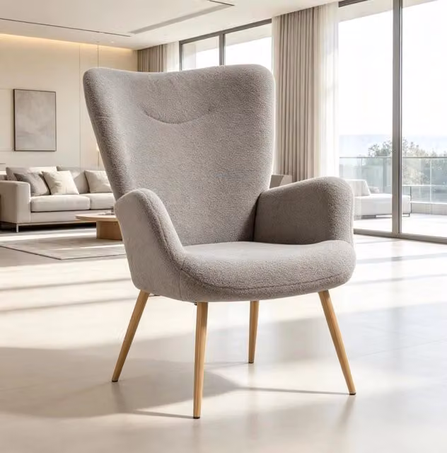 Poltrona lounge moderna in tessuto spugna grigio con schienale alto e braccioli integrati, 71x74x97,5 cm