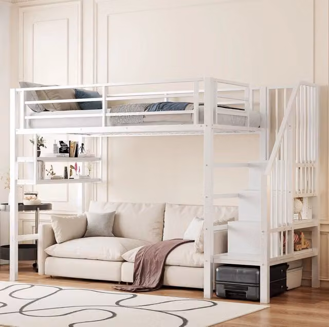 Letto a soppalco ULEVR 90x200 cm con scala contenitore, ripiani e sponde di sicurezza, bianco