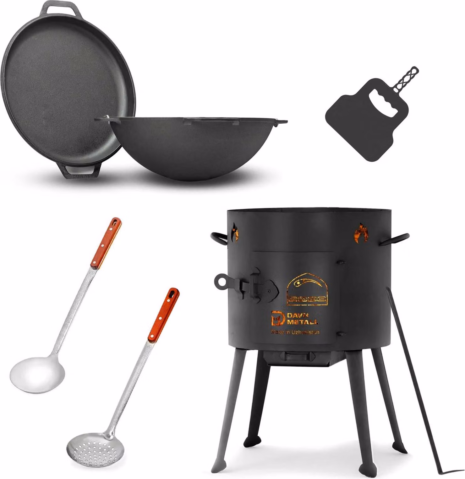 Ø36 cm Uchag 2 mm acciaio Forno Utschak 8 L Ghisa Kasan Coperchio Padella Padella Utschag Cucina da campo Focolare Fornello da campeggio Cucina da esterno Fornello per stufato Schiumarola Griglia