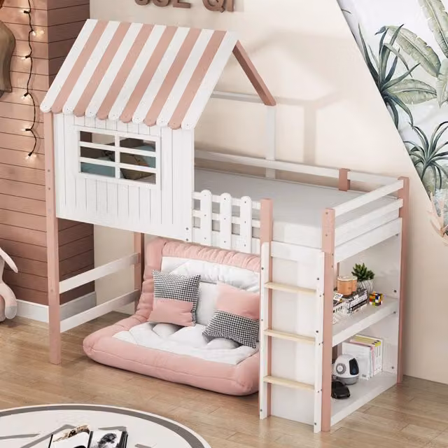 Letto a soppalco a forma di casa ULEVR 90x200 cm rosa con scala di sicurezza, sponda 30 cm e rete a doghe