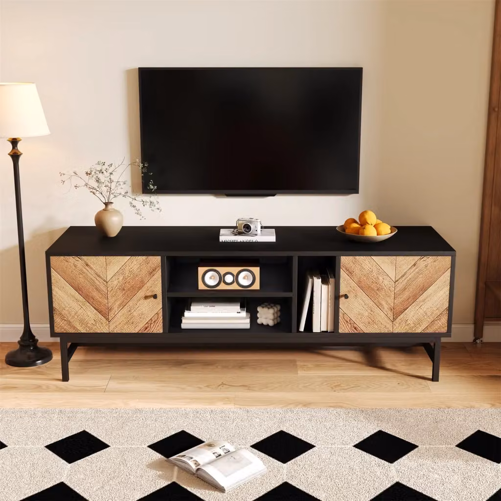 Cassettiera per TV KOMHTOM in stile industriale, colore nero e marrone, realizzata in legno, metallo e materiale composito, L: 150 cm, P: 38 cm, H: 55 cm – 2