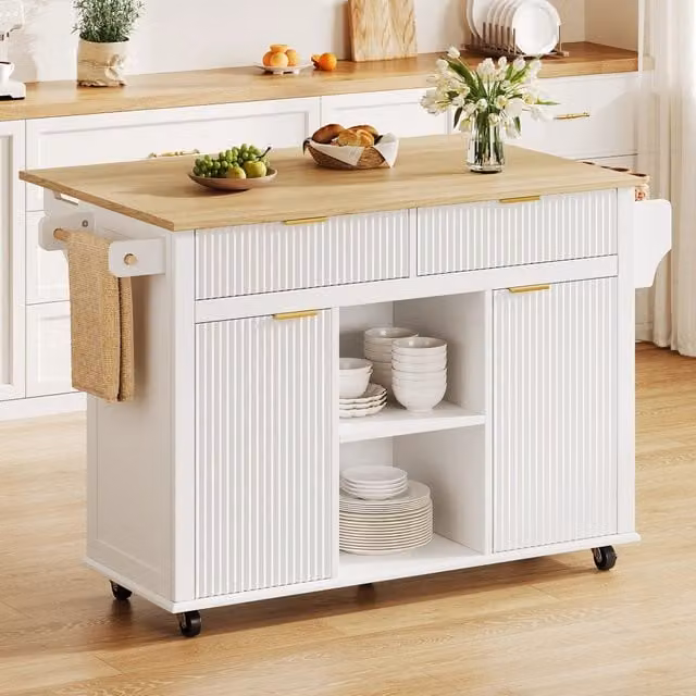 Isola da cucina su ruote REDOM in MDF bianco e naturale L: 143 cm, P: 45 cm, H: 89,5 cm