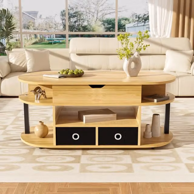 Tavolino basso alzabile con piano sollevabile; due cassetti in tessuto nero e vano in truciolare 105 × 50 × 45/60 cm
