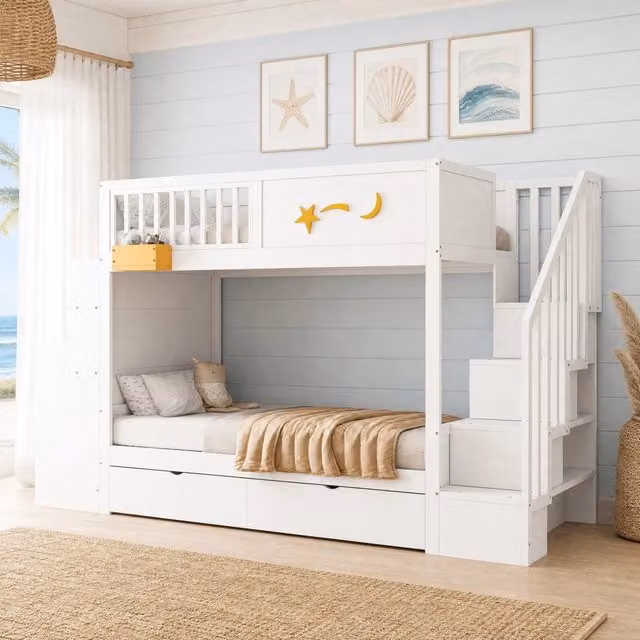 Letto a castello 90x200 cm con scrivania; scala e cassetti in legno bianco