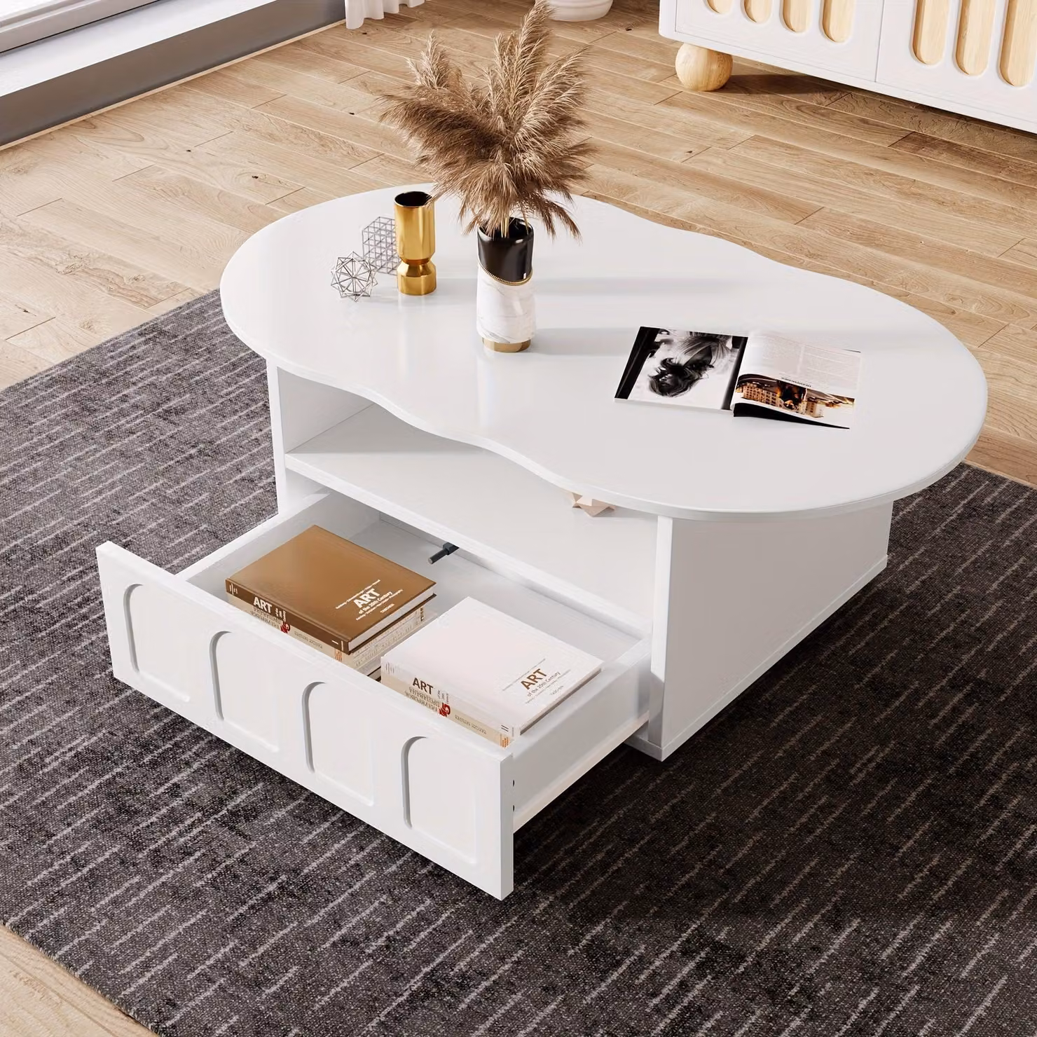 Tavolino a forma di nuvola - Tavolino da caffè - Tavolino di servizio - Tavolino contenitore - Tavolino da soggiorno - Bianco - Con cassetti e contenitori
