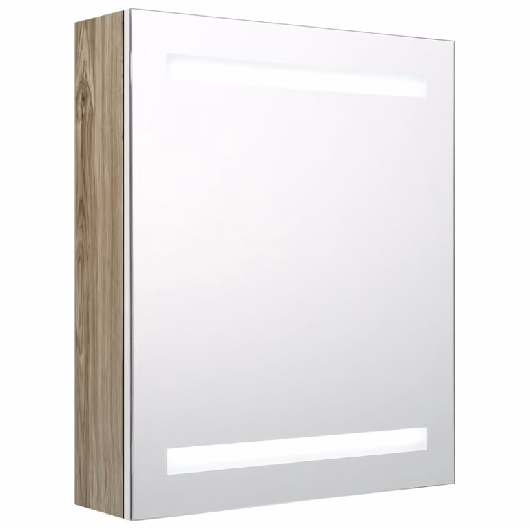 Armadietto Bagno con Specchio e LED Bianco e Rovere 50x14x60 cm