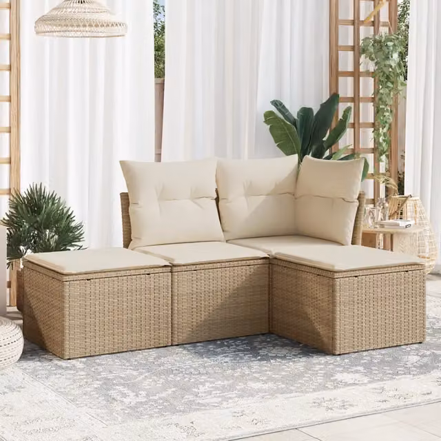 Set Divano da Giardino 4 pz con Cuscini-Sofa da Giardino-Divanetto da esterno Beige in Polyrattan 905158