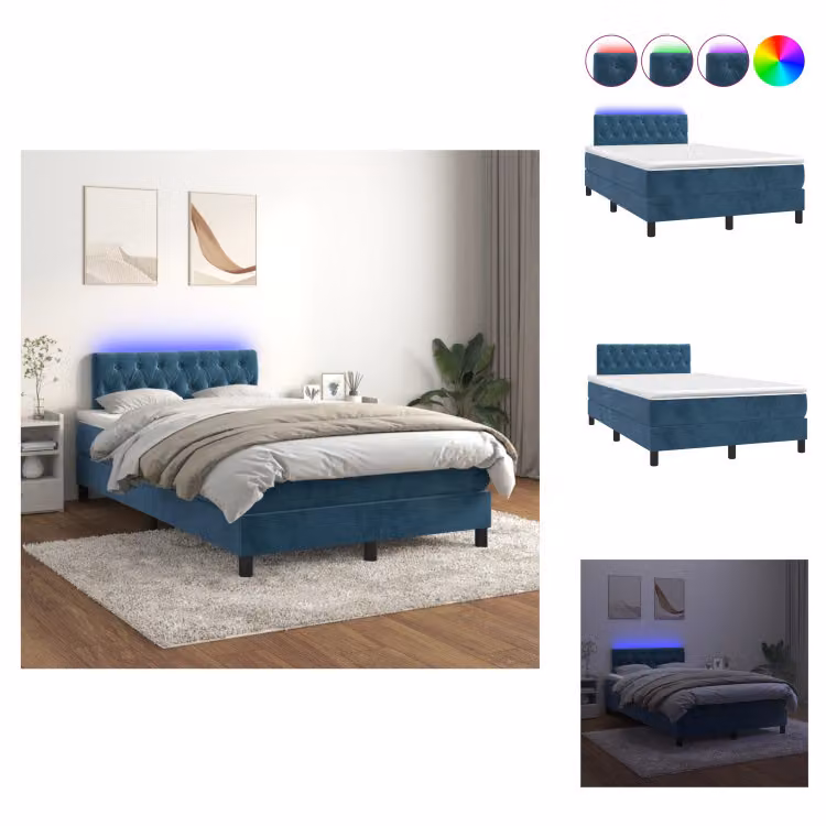 vidaXL Letto a molle con materasso e LED in velluto blu scuro 120x200 cm - Letti & strutture letto