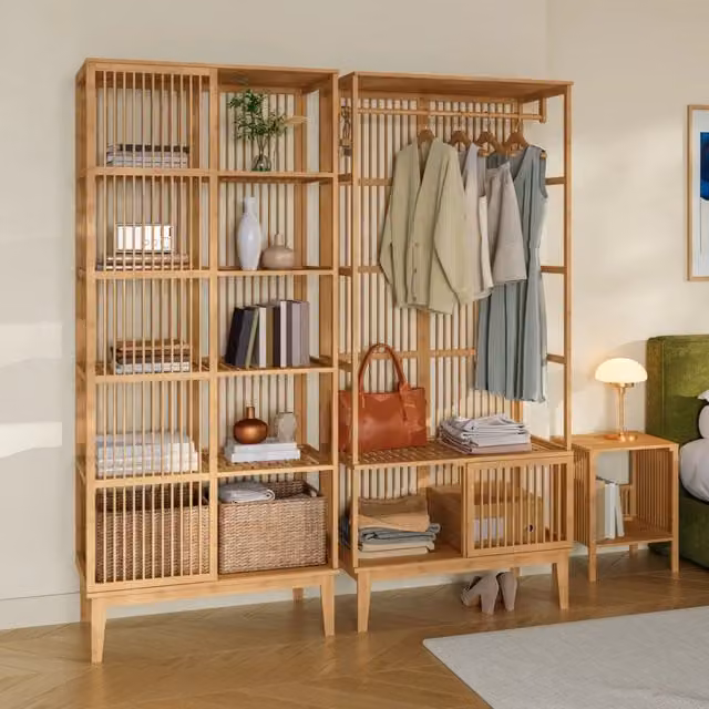 Set Organizzatore Guardaroba en.casa in Bambù con Armadio Aperto e Scaffale, Colore Beige e Marrone