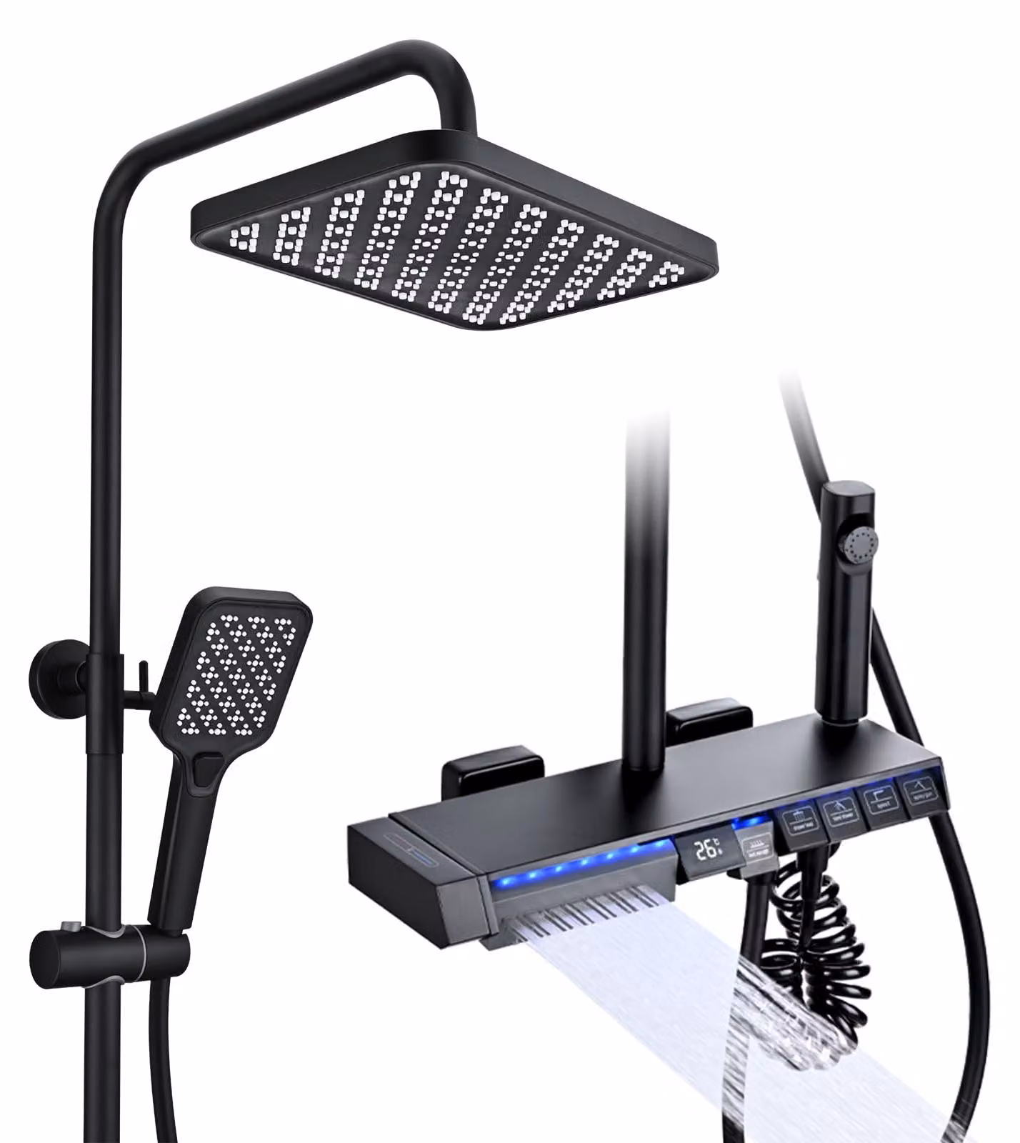 Colonna doccia termostatica, nera, con 5 funzioni, display LED