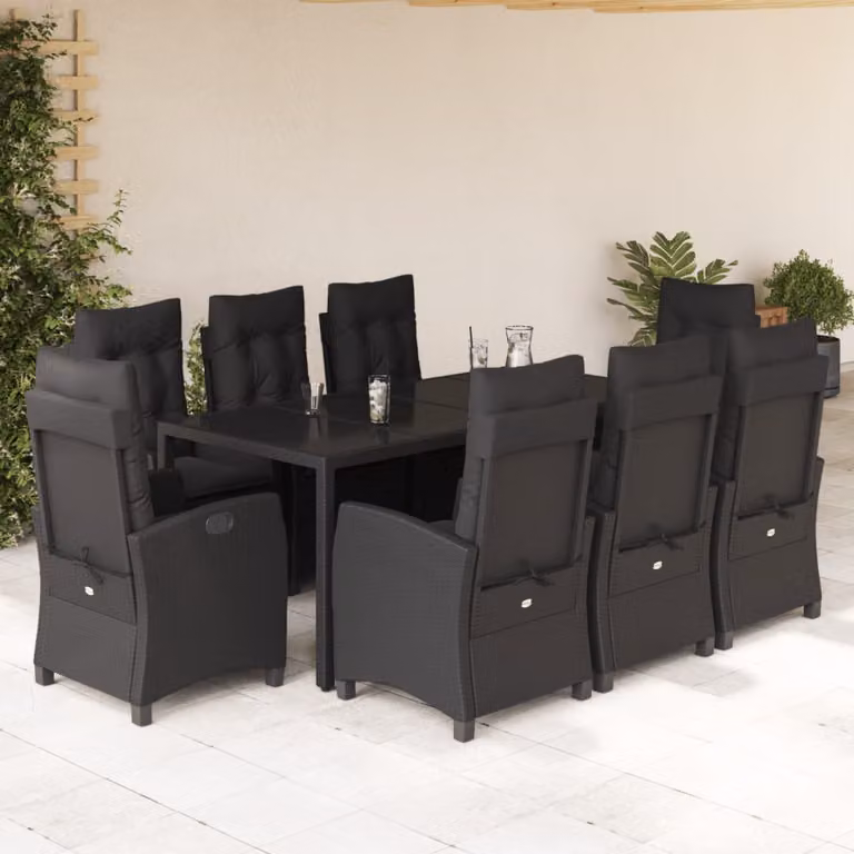 Set da Pranzo da Giardino vidaXL in Polyrattan Nero con Cuscini e Tavolo in Vetro, 9 Pezzi