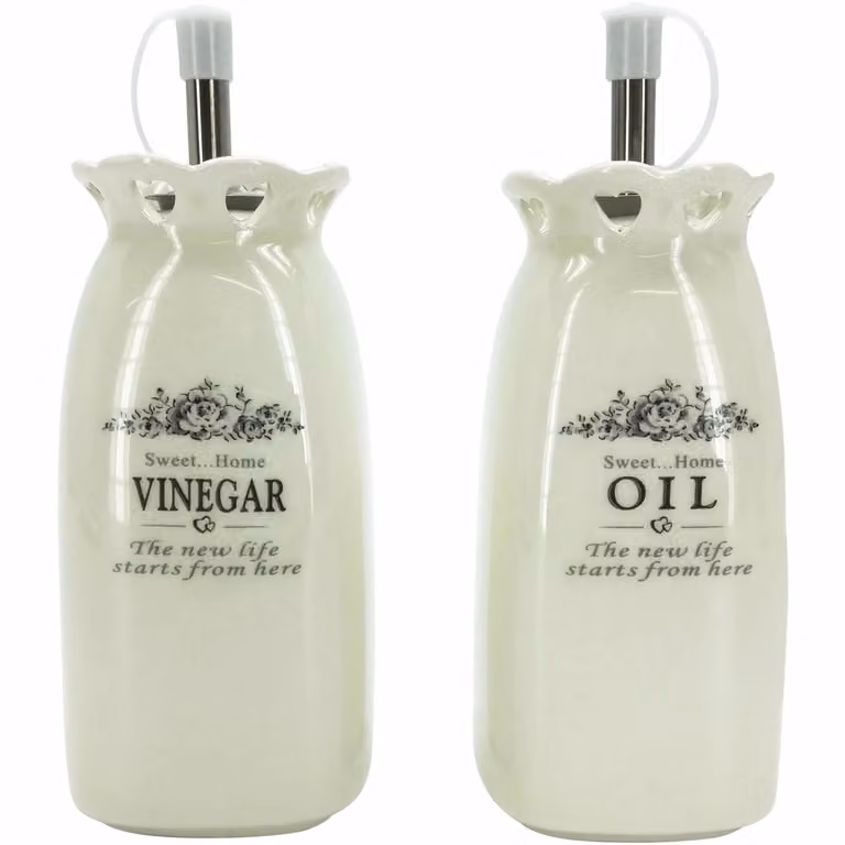 Set olio e aceto in ceramica con decoro floreale Gusto Casa, beige e bianco, Altezza: 13 cm