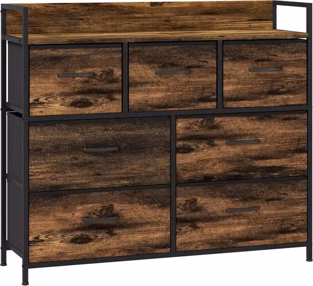 Cassettiera Xylo con 7 cassetti in tessuto marrone e struttura in metallo nero stile industriale L: 98 cm, P: 29 cm, H: 85 cm