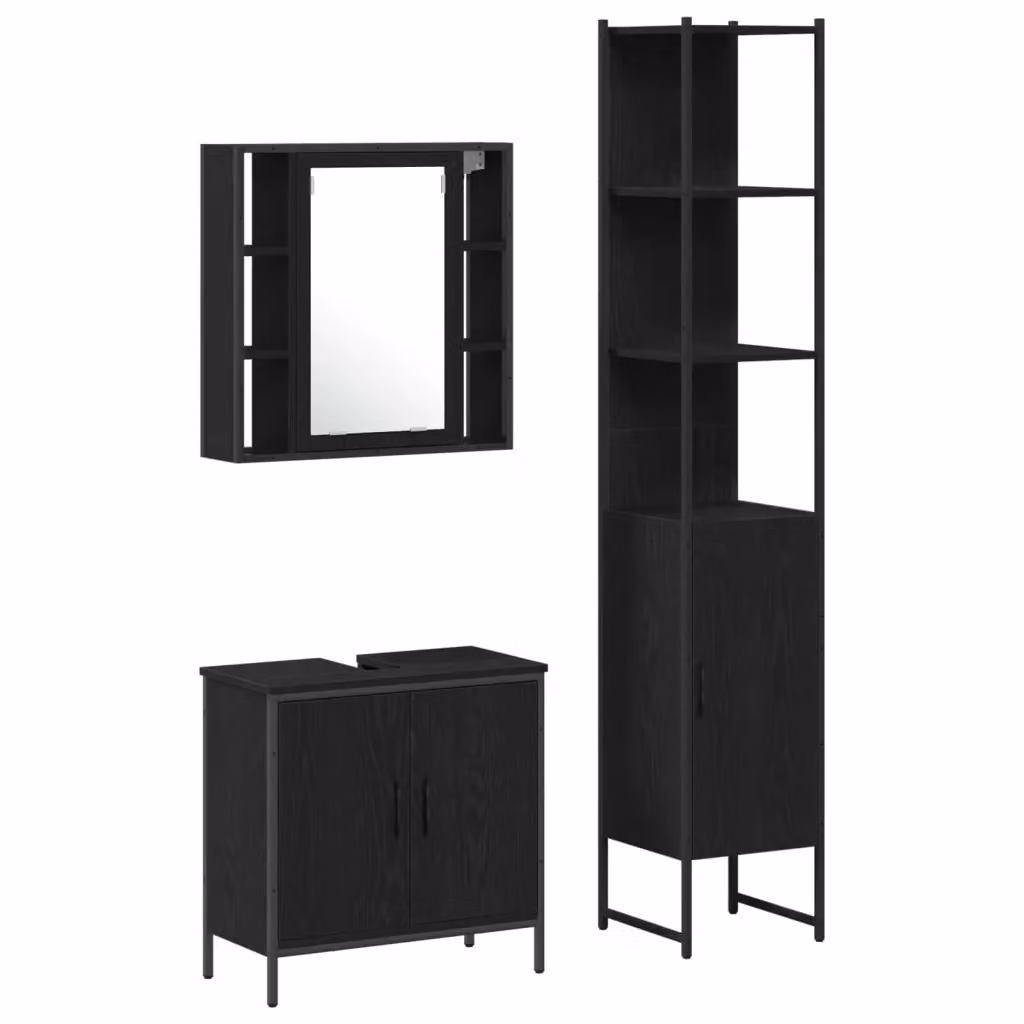 Set da bagno moderno vidaXL in legno nero lucido composto da armadietto a specchio, mobile sottolavabo e colonna alta, L/P/H: 33 x 33 x 185,5 cm – 2
