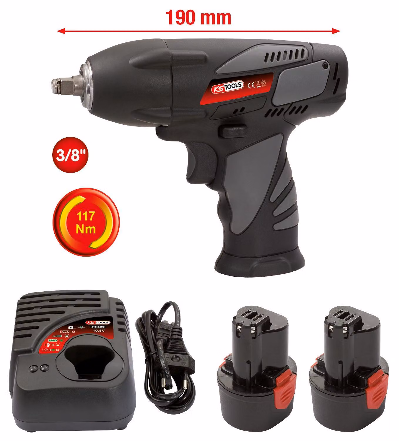 KS TOOLS Avvitatore a impulsi a batteria da 3/8" 117Nm 1.870 giri/min. con 2 batterie e 1 caricatore - 515.3516