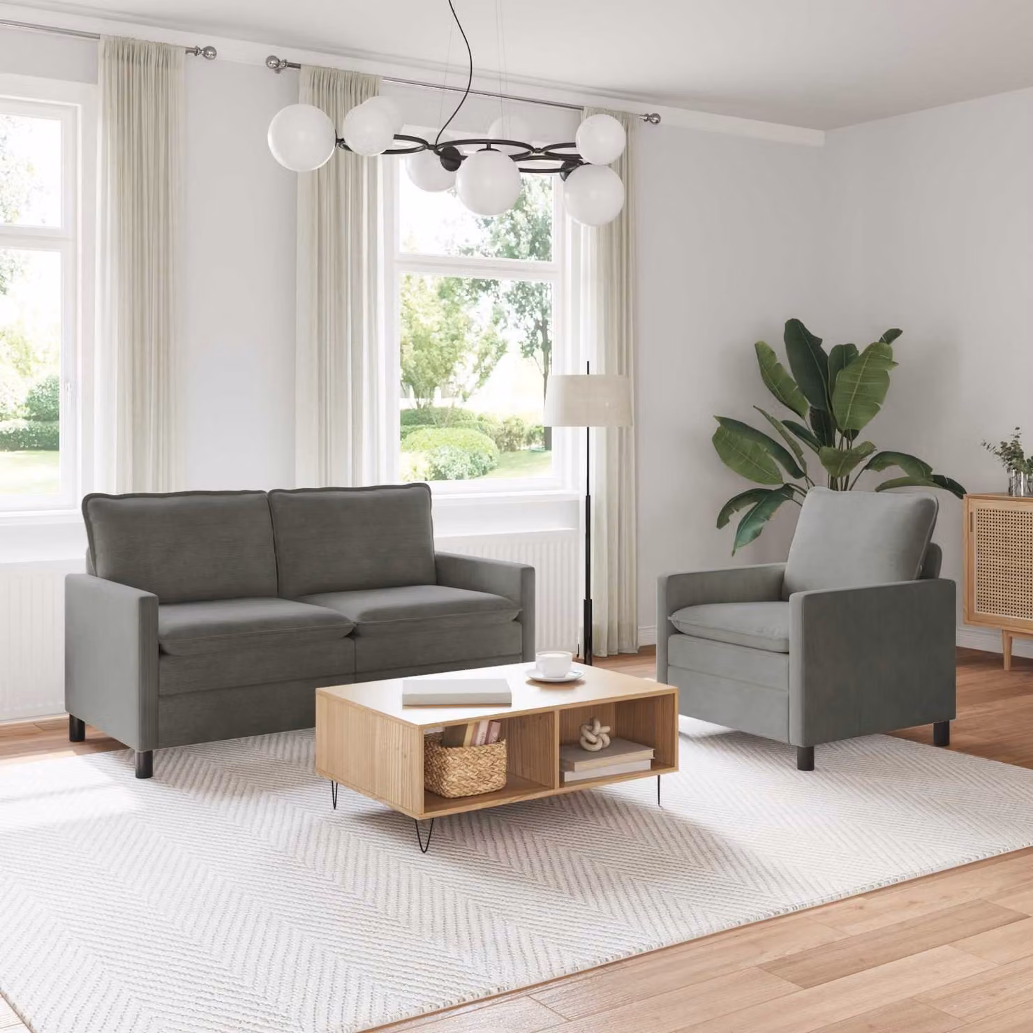 Set di 2 divani moderni vidaXL in tessuto grigio con struttura in metallo e cuscini inclusi