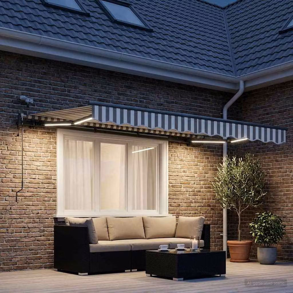 Tenda retrattile vidaXL con bracci pieghevoli e telecomando, Grigio chiaro e bianco, Poliestere, L: 350 cm, P: 250 cm
