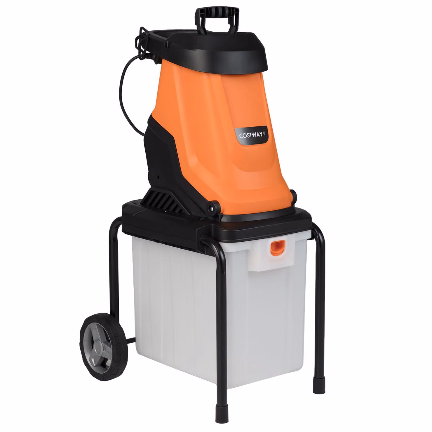 Trituratore da giardino COSTWAY 2800 W, spessore di taglio 45 mm, trituratore elettrico da giardino con ruote e cassetta di raccolta da 50 L, trituratore a lama con cavo, trituratore arancione