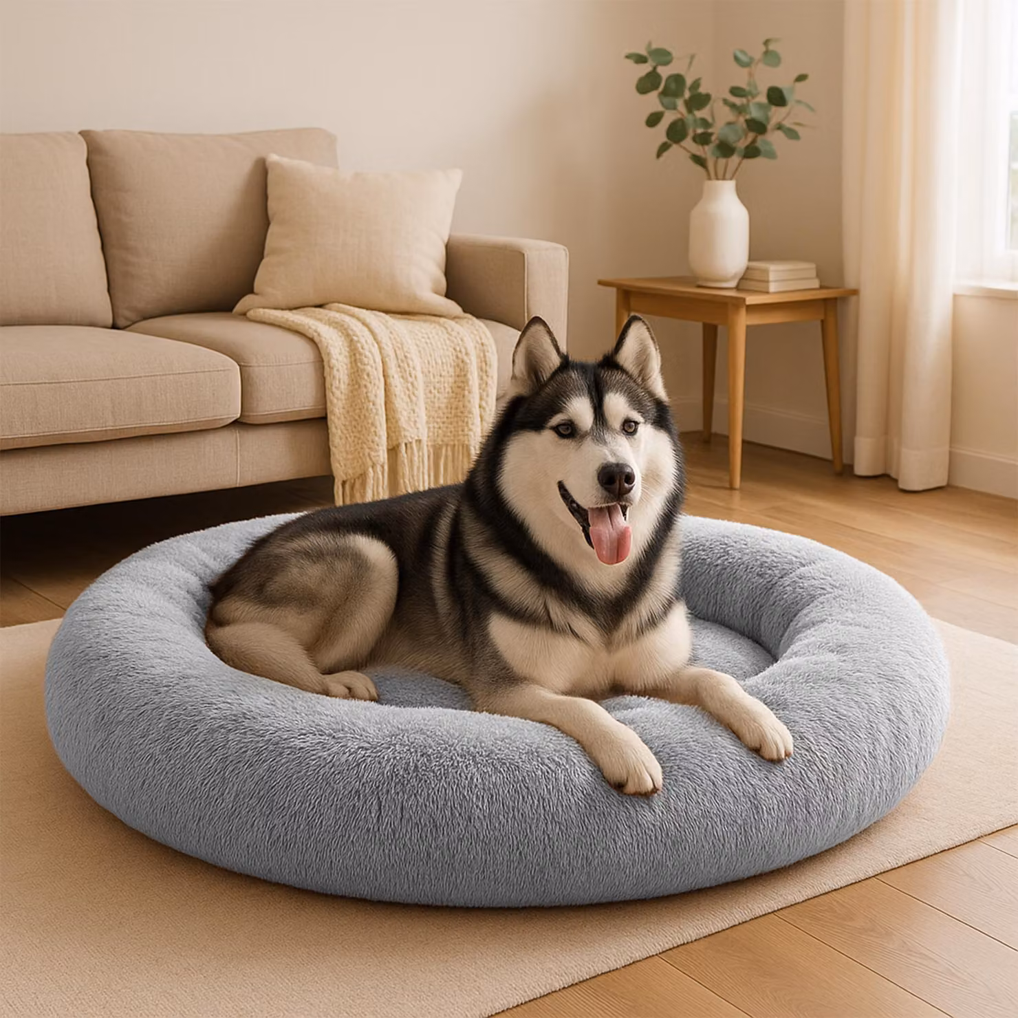 belviona donut dog bed, letto in peluche con soffice imbottitura, presa sicura e bordo ergonomico, diametro 120 cm, grigio chiaro