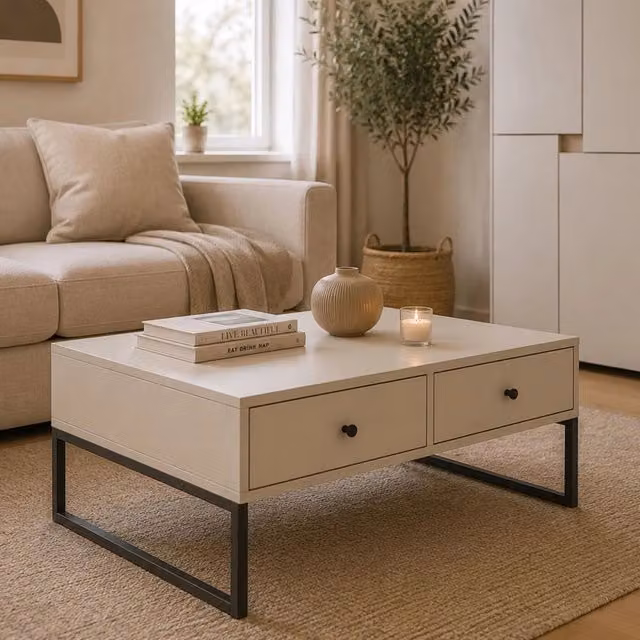 Tavolino da salotto DMORA Liparoza beige con 2 cassetti, L: 77 cm, P: 60 cm, H: 36 cm – 1