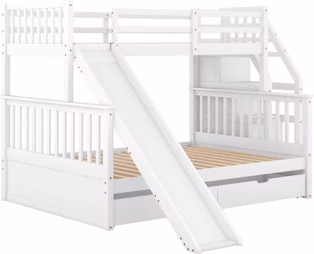 Letto a castello per bambini con scivolo, vani contenitore e 2 cassetti, struttura a casetta in legno e MDF, bianco, L/P/H: 238.5 x 120 x 254 cm (letto inferiore 90x200 cm e superiore 140x200 cm)