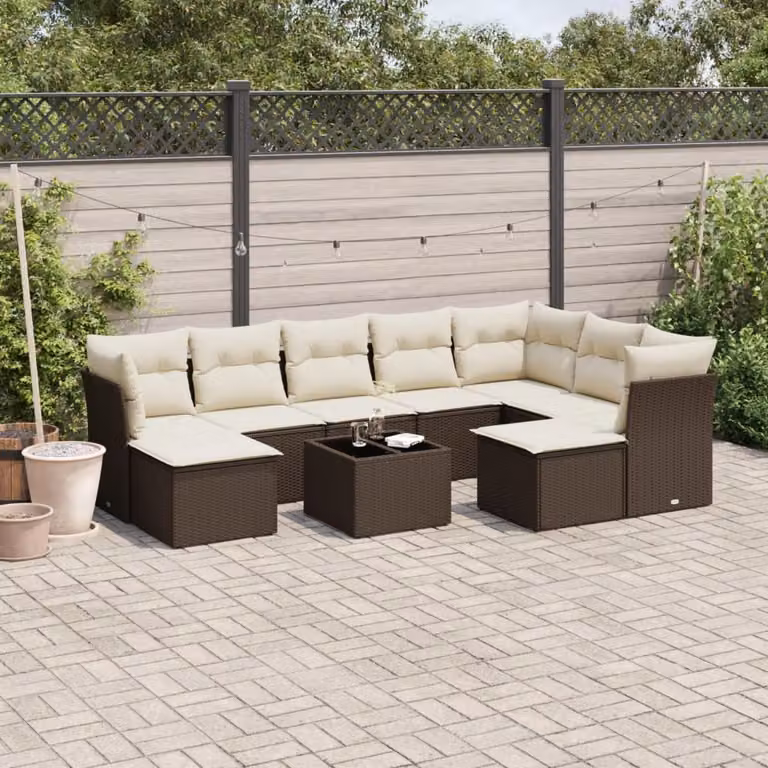 Set di Divani da Giardino vidaXL a Forma di U in Polyrattan Marrone con Cuscini Bianchi e Tavolino da Esterno