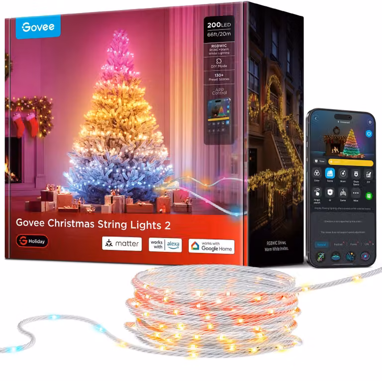 Catena luminosa natalizia, 20 metri, 200 LED, RGBWIC, controllo tramite app, grado di protezione IP65