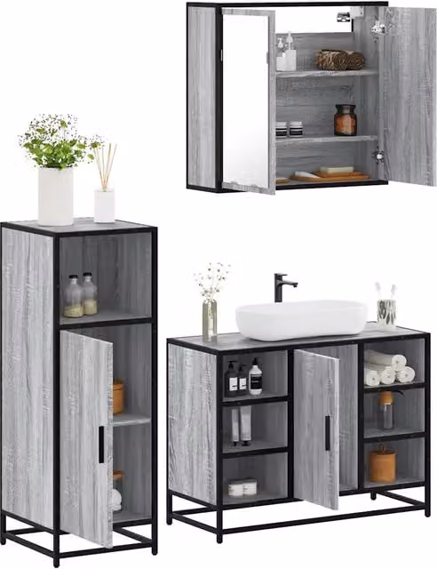 Set Mobili da Bagno 3 pz Grigio Sonoma in Legno Multistrato 3300973
