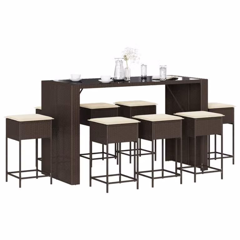 vidaXL Set Bar da Giardino 9 pz in Polyrattan Marrone con Cuscini e Piano in Vetro