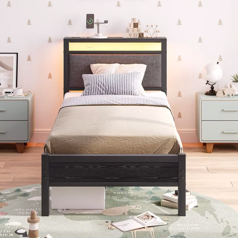 Letto matrimoniale in metallo, 90x200 cm, con illuminazione a LED, base di ricarica e testiera, colore nero