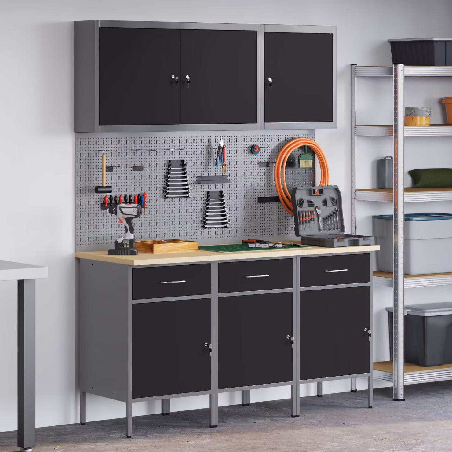 Carrello da lavoro mobile vidaXL 8 pezzi in acciaio e legno ingegnerizzato nero