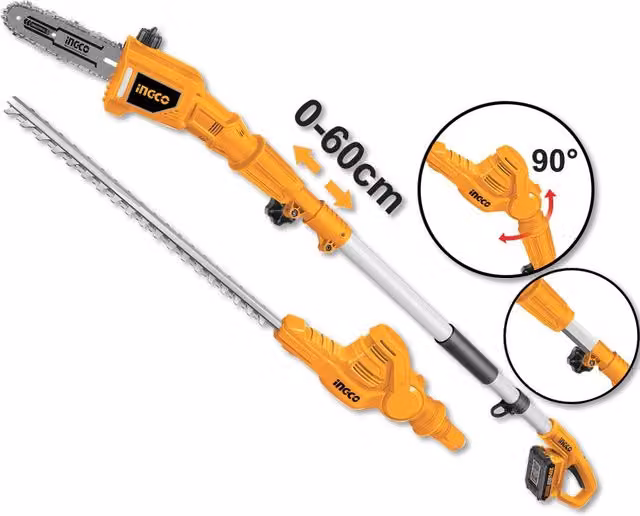Sega telescopica a batteria Ingco P20S arancione con tagliasiepi, batteria di ricambio e caricabatteria rapido