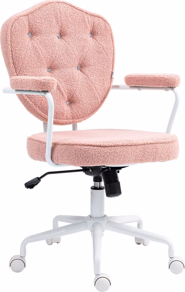 Sedia da ufficio Moonbite con aspetto "teddy", caratterizzata da cuciture a bottone, sedia da scrivania con funzione basculante, regolabile in altezza da 93 a 101 cm, portata massima di 120 kg, realizzata in poliestere, colore rosa